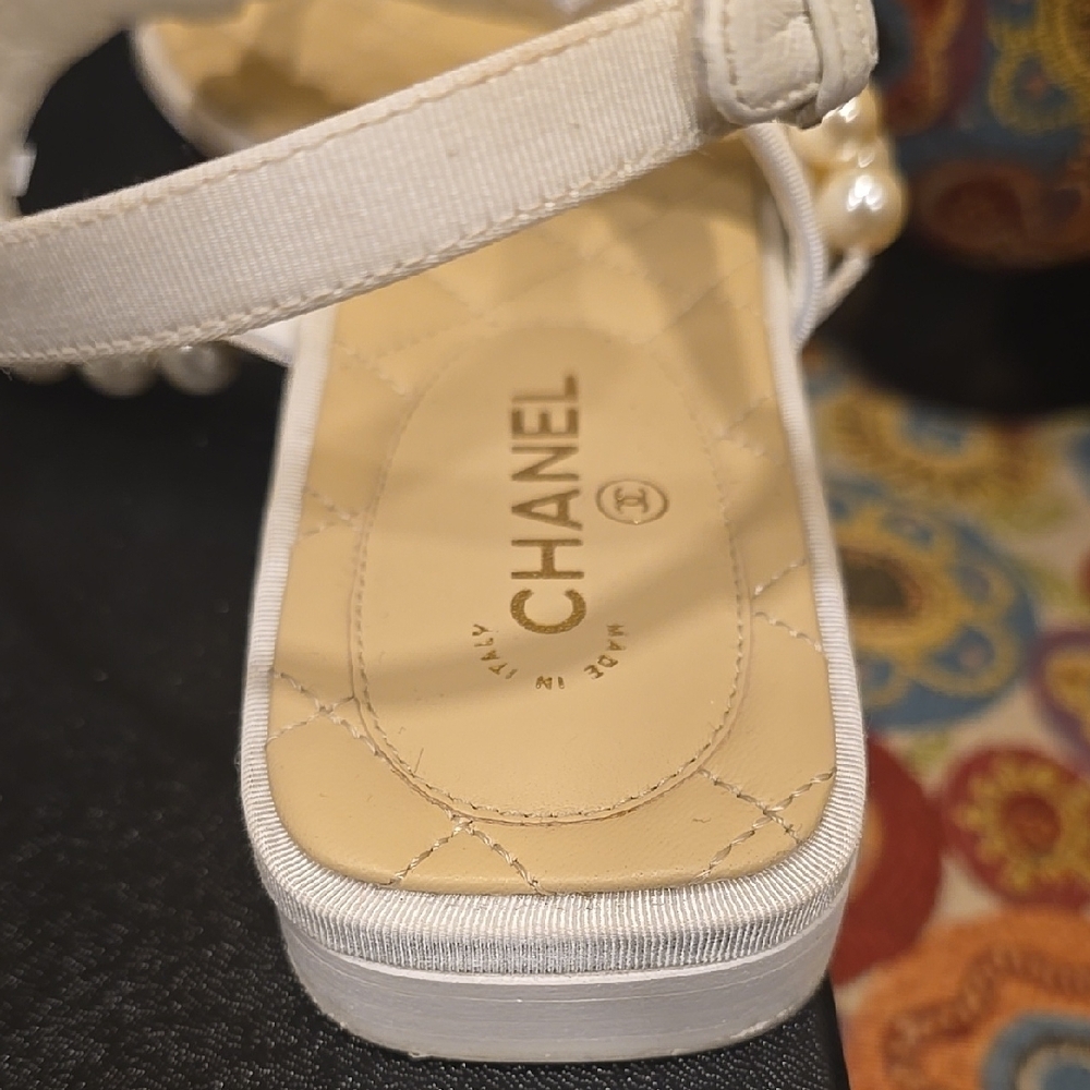 Chanel White and Gold Pearl Sandals - Picture 9 of 16